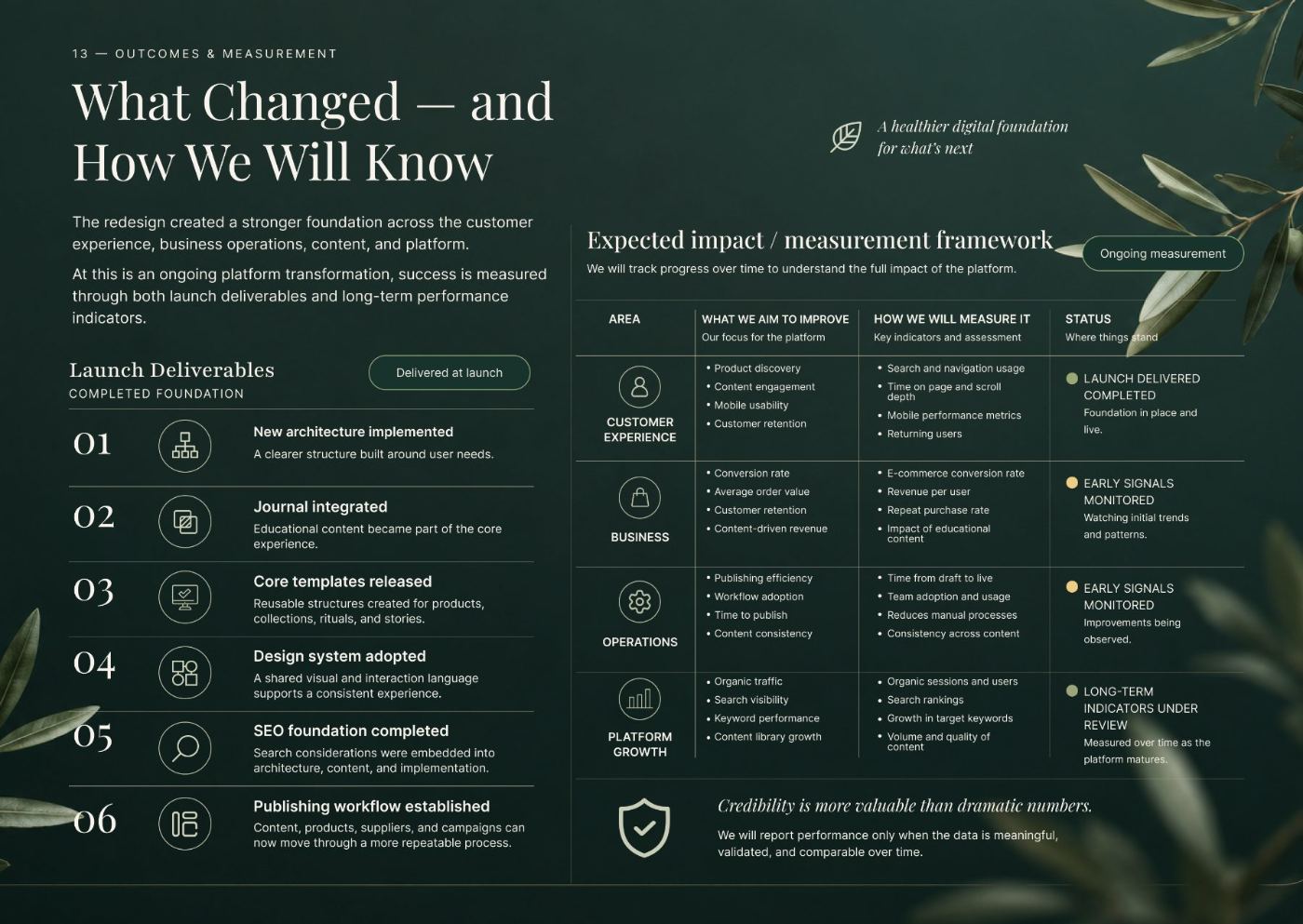 Launch deliverables and the expected impact and measurement framework