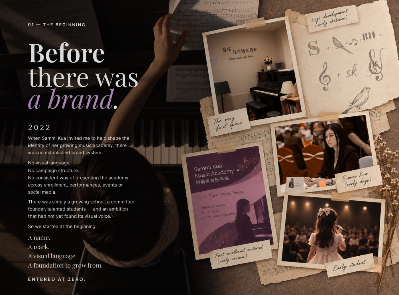 The very first space, early logo sketches, first enrollment material and early students